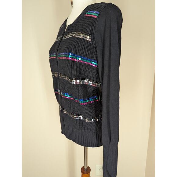 I Heart Ronson Sequin Zip Front Black Ribbed Cardigan Sweater Large New w/ Tags - Picture 4 of 11